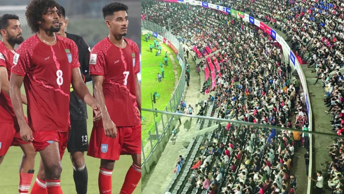 ঢাকা জাতীয় স্টেডিয়ামে ম্যাচ শেষে হতাশ বাংলাদেশি ফুটবল সমর্থকরা ।